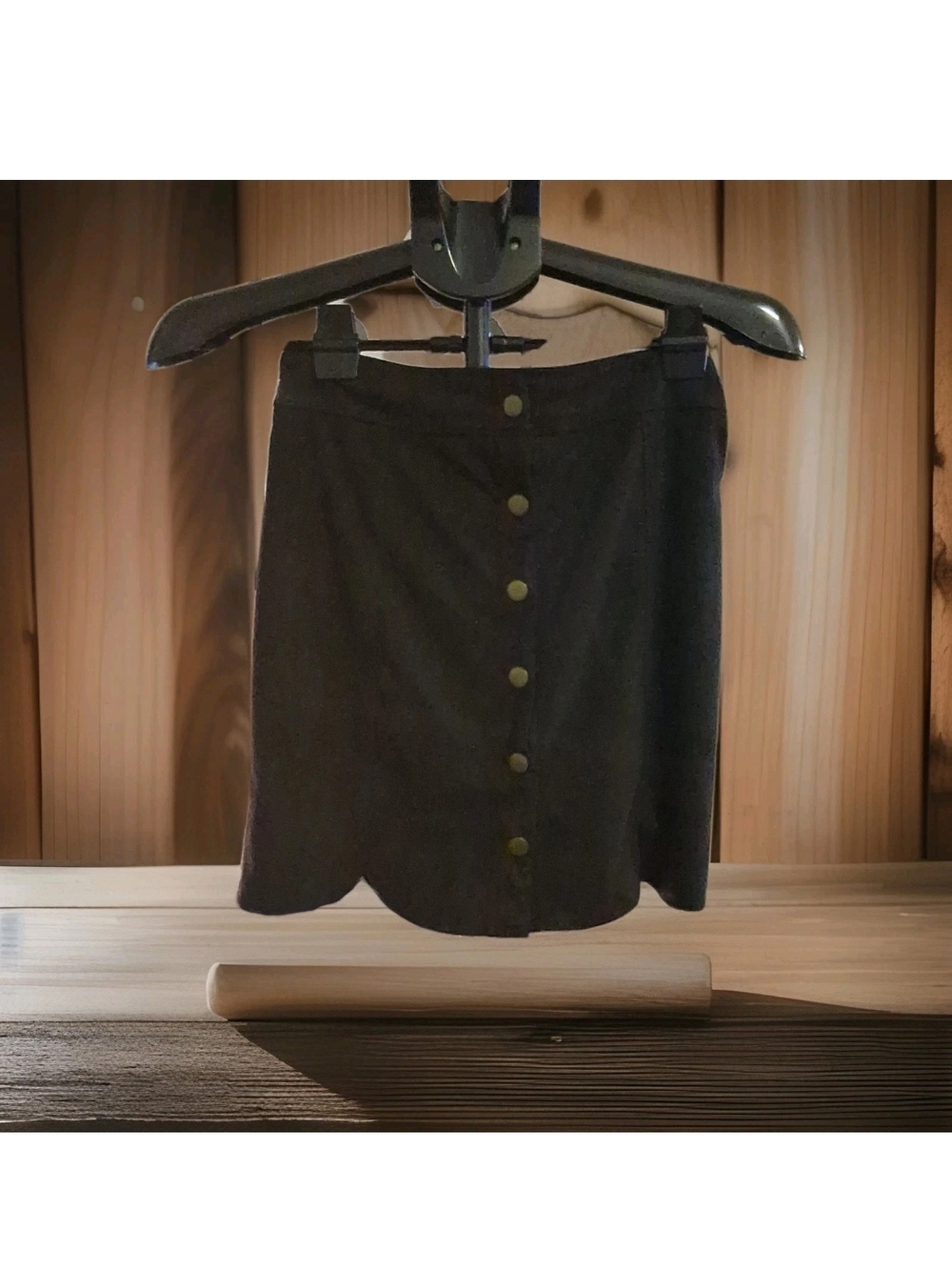 Black Button-Front Mini Skirt with Subtle Scalloped Hem
